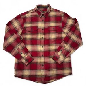 Orvis Flannel Shacket Shirt Plaid Mens Large Button‎ Up Red Beige Pockets Heavy